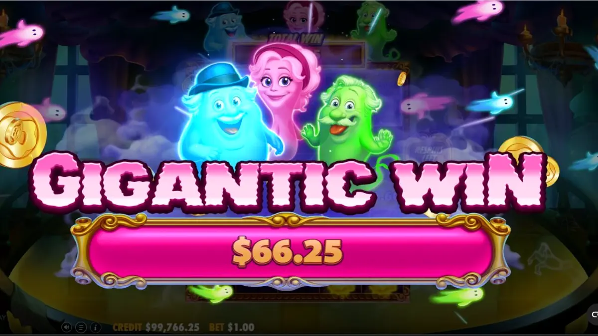 Tampilan visual slot Great Ghosts dengan tema rumah hantu kartun