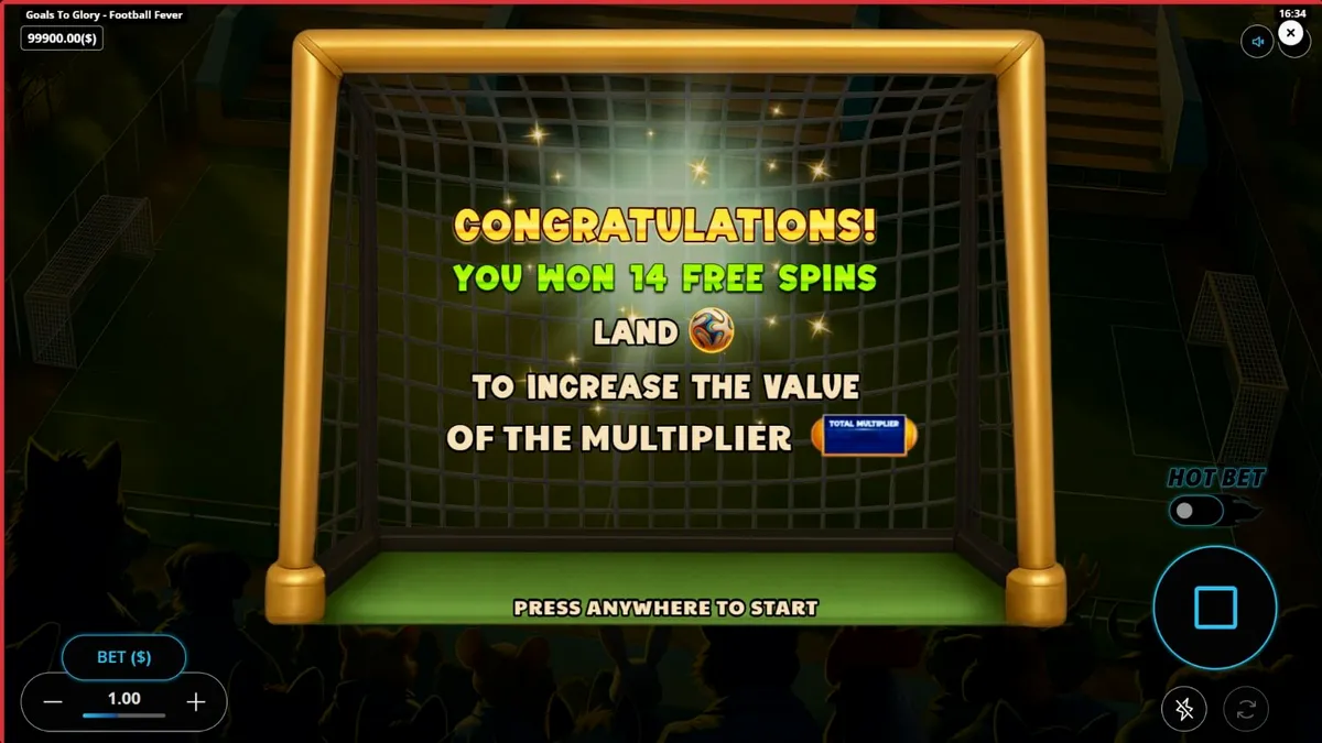 Tampilan visual slot Goals to Glory Football Fever dengan karakter hewan atletik