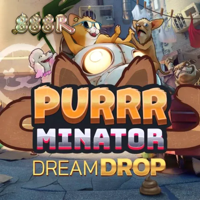 Tampilan visual slot Purrrminator Dream Drop dengan latar belakang gang distopia neon